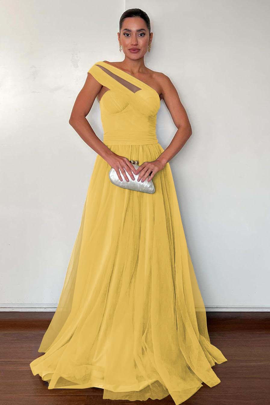 Stunning Green Tulle One Shoulder Sleeveless Long Prom Dress with Pleated