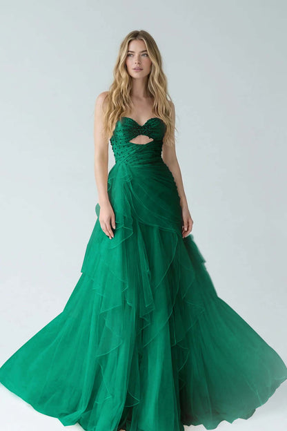 White Sweetheart A-Line Evening Dress Floor Length Pleated with Rhinestone