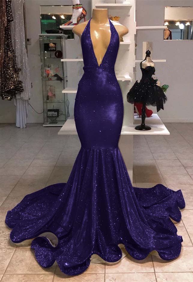 V-Neck Mermaid Evening Dress Halter With Sequins