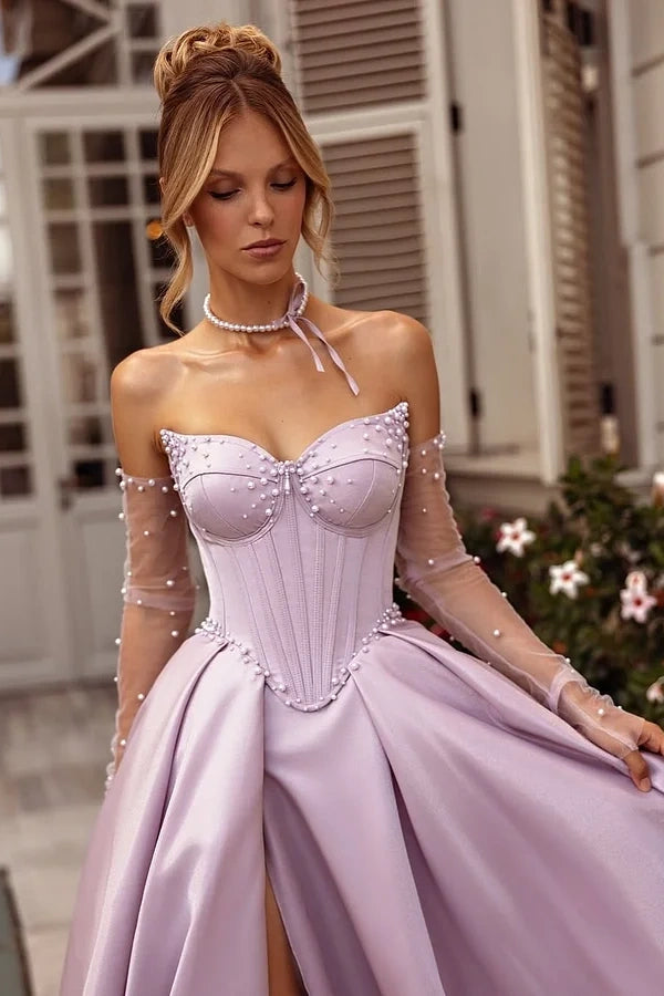 Purple Sleeveless Strapless Sweetheart A-Line Beadeds Prom Dress