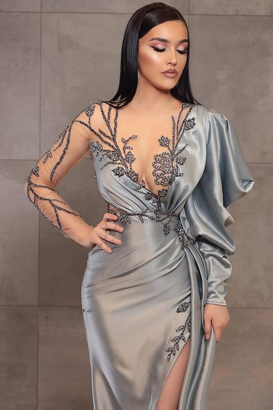 Glamorous Satin Long Sleeves V Neck Long Slim Split Prom Dress with Beadings