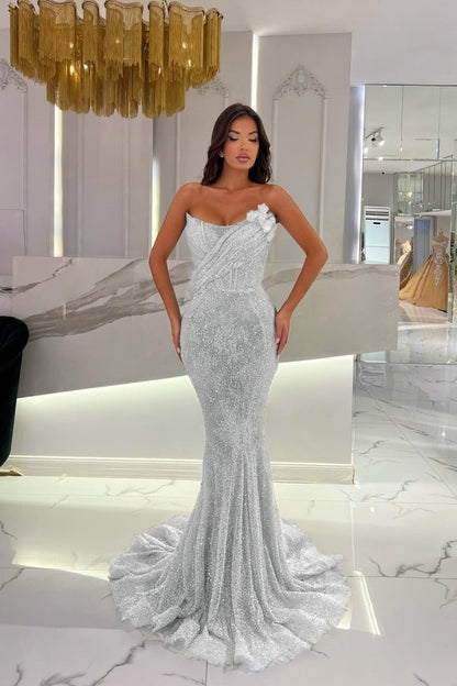 Gorgeous Strapless Sequins Mermaid Prom Dress With 3D-Blumen