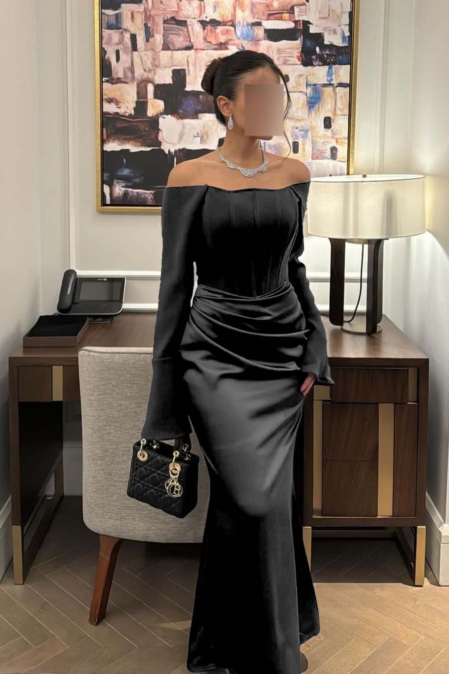 Chic Satin Regency Off the Shoulder Long Sleeves Mermaid Prom Dress with Pleated