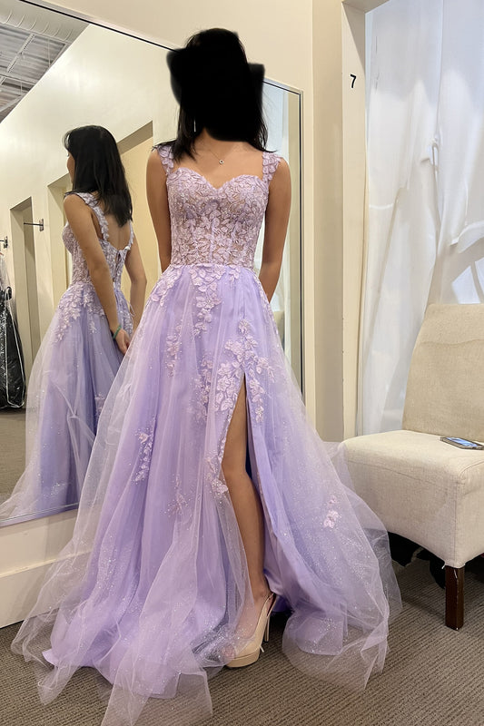 Sleeveless Sweetheart Front Split Mermaid Evening Dress Lavender With Lace Appliques
