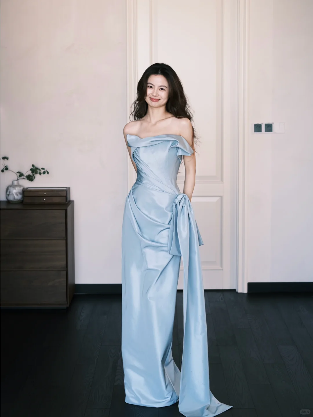 Elegangt Blue A Line Strapless Pleated Bow Satin Prom Dress Party Dresses SH4585