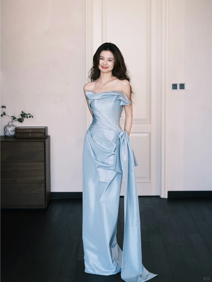 Elegangt Blue A Line Strapless Pleated Bow Satin Prom Dress Party Dresses SH4585