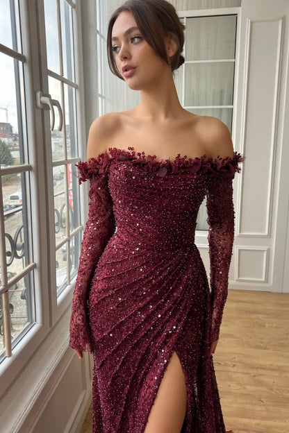 Burgundy Strapless Long Sleeves Lace Prom Dress with Sequins