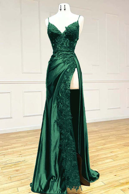 Black V Neck Spaghetti Strap Sleeveless Long Split Prom Dress with Embroidered