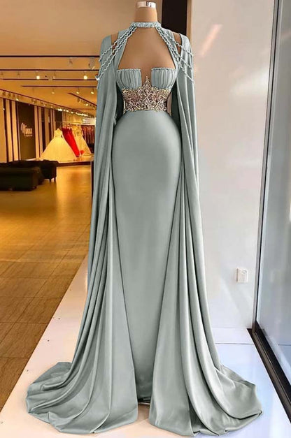 Elegant Straps Square Sage Green Mermaid Evening Dress With Beads