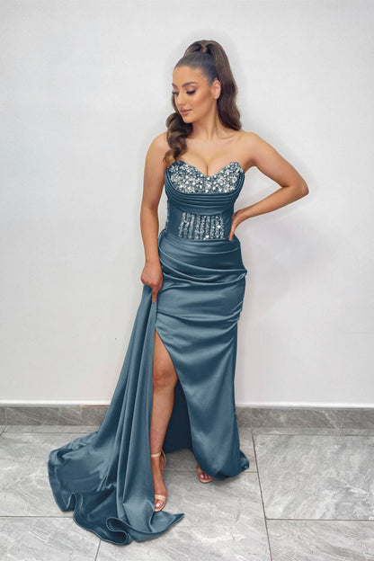 Sweetheart Champagne Mermaid Prom Dress Slit With Beadings