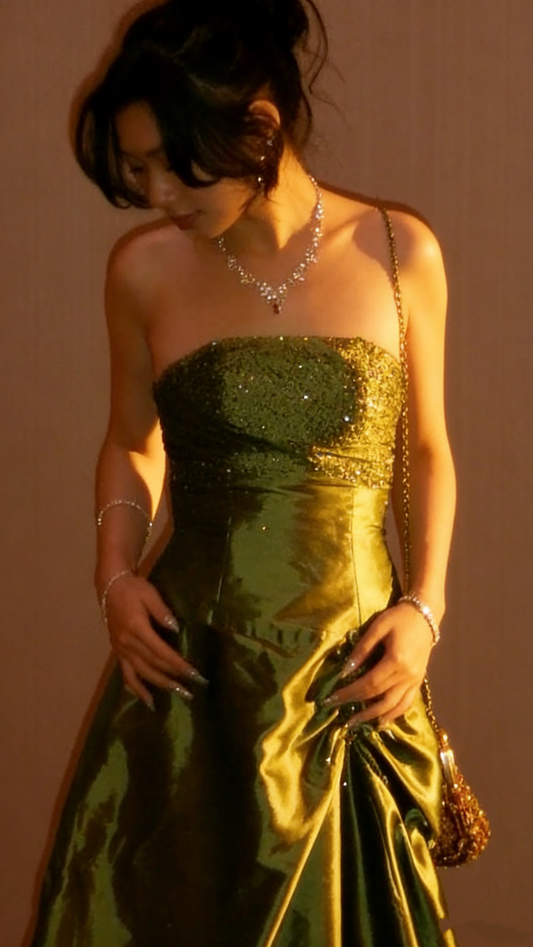Elegant Olive Green Strapless Satin Sequin Long Birthday Party Dress Evening Gown  D1505