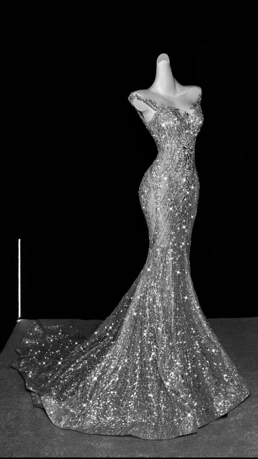 Shiny Dreamy Mermaid V Neck Silver Sequin Long Party Dress Evening Dress Date Dress SH3461
