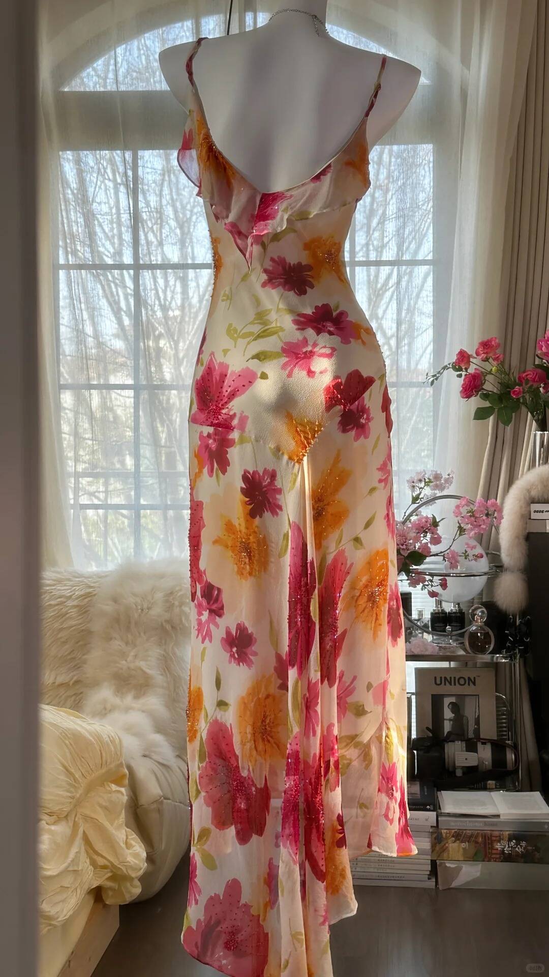 Flowy Mermaid Spaghetti Strap Print Flower Beaded Chiffon Party Dress SH3291