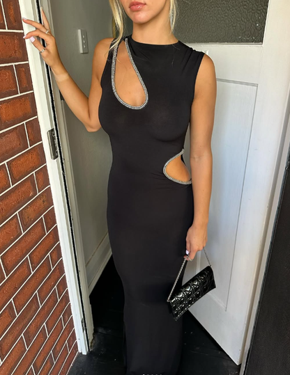 Sexy Sheath Round Neck Beaded Black Satin Prom Dress Evening Dress SH2103