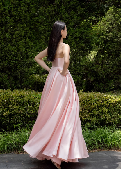 Pink Simple A Line Spaghetti Strap Satin Long Prom Dress 16th Birthday Dress SH4191