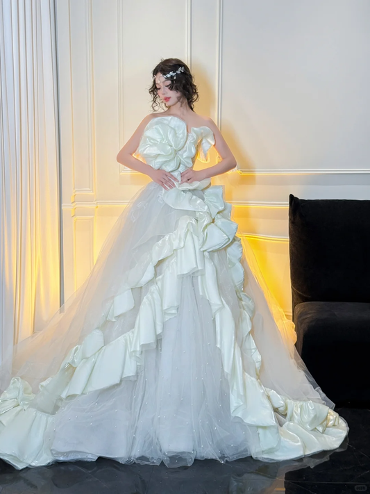 Stunning Ball Strapless White Ruffle Satin Tulle Long Prom Dress Party Dress SH4690