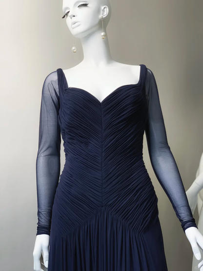 Navy Blue A Line Long Sleeve Tulle Prom Dress Evening Dress SH5131