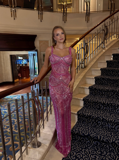 Gorgeous Pink Spaghetti Straps Sequin Beaded Long Evening Dress Formal Party Gown D872