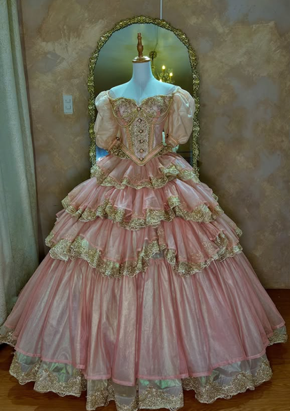 Pink Ball Gown Puff Layered Lace Beaded Satin Quinceanera Dresses SH4872