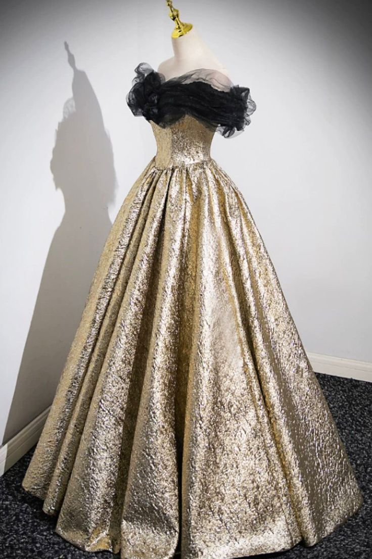 Glitter Gold Prom Dress Ball Gown Off the Shoulder Evening Dress SH1326