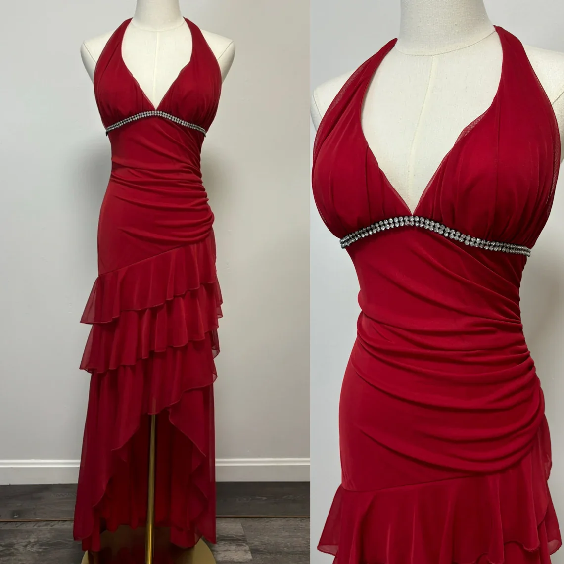 Burgundy Mermaid V Neck Rhinestone Ruffles Tulle Prom Dress Evening Dress SH2131