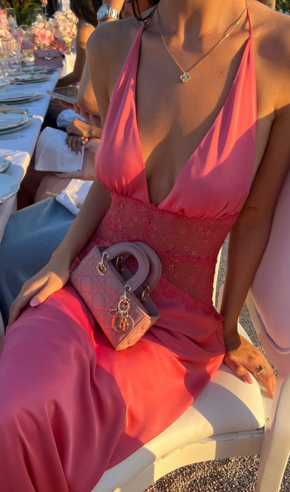 Elegant Pink Halter V Neck Satin Lace Mermaid Long Wedding Guest Dress Evening Dress D1479