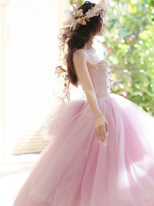 Gentle A Line Strapless Rhinestone Purple Tulle Party Dress Evening Dress SH3216