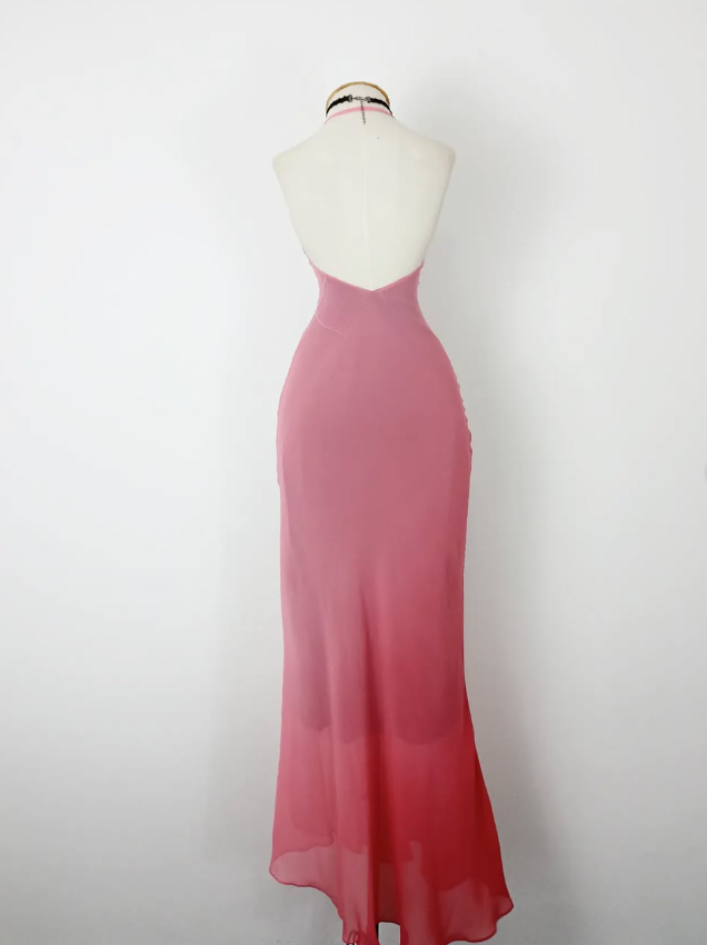 Retro Mermaid Halter Pink Ombre Beaded Chiffon Open Back Prom Dress Evening Dress SH3368