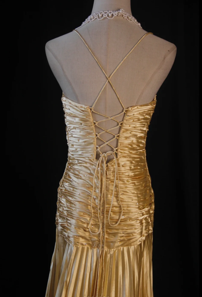 Stylish Spaghetti Straps Gold V Neck Satin Pleated Beaded Long Party Dress Formal Wedding Guest Dress D1161