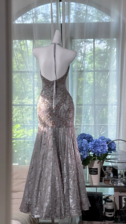Gorgeous Halter Gray Lace Sequin Beaded Mermaid Long Party Dress Evening Gown D864