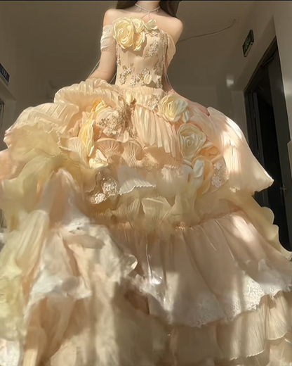 Cute Yellow Rose Ball Gown Off the Shoulder Beaded Satin Prom Dress 16th Birthday Dress SH5030