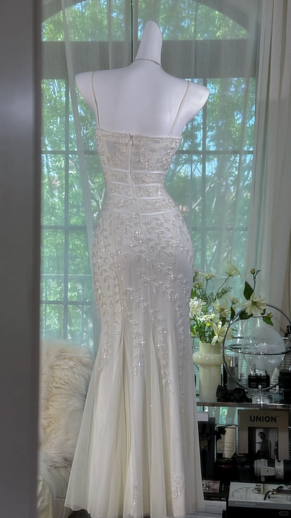 Gentle Mermaid Spaghetti Strap Beaded  White Chiffon Long Prom Dress Evening Dress SH2984