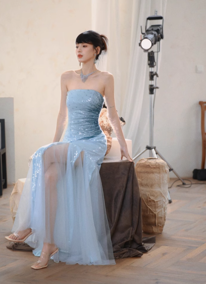 Blue Classy A Line Strapless Sequin Tulle Long Evening Dress Gown Dress SH3587