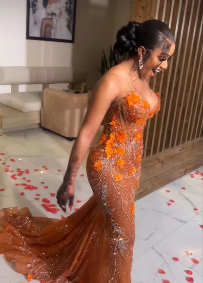 Classy Mermaid Sweetheart Orange Tulle Sequin Evening Gowns Long Prom Dress S2702