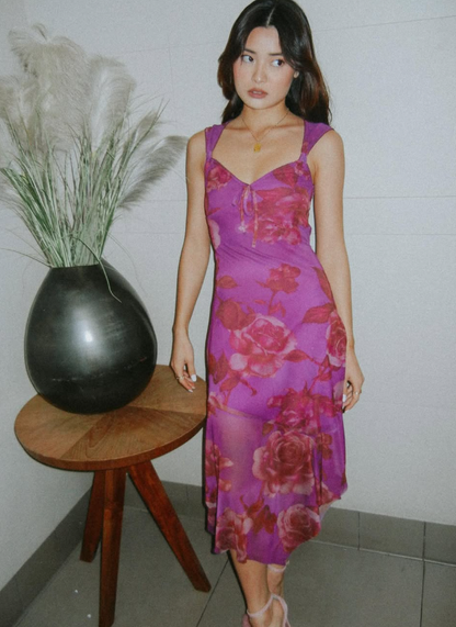 Pretty Purple A Line Straps Print Floral Chiffon Party Dress Date Dress Outfits SH3966