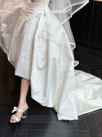 Simple Ball Gown Strapless White Satin Long Wedding Dress SH4754