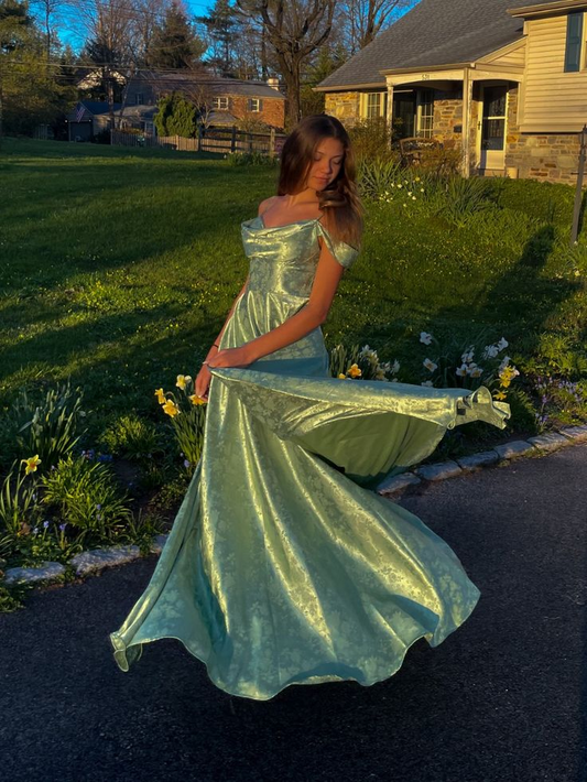 Pretty Green Spaghetti Straps Off The Shoulder Satin Print Floral A Line Prom Dress Long Party Gown D809