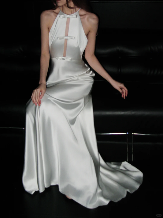 Pretty A Line Halter Bow White Satin Open Back Long Wedding Dress SH4934