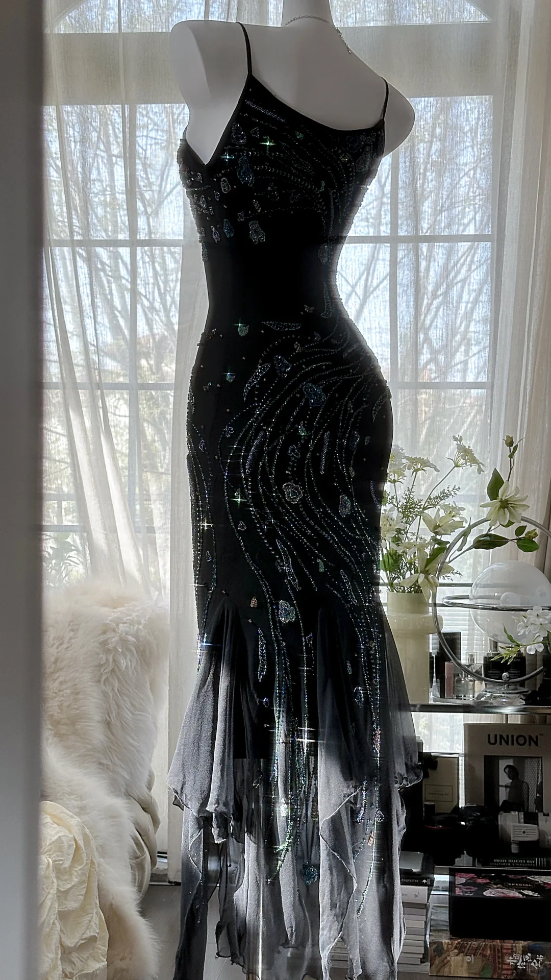 Gorgeous Mermaid Spaghetti Strap Beaded Black Chiffon Party Dress Evening Dress SH2961