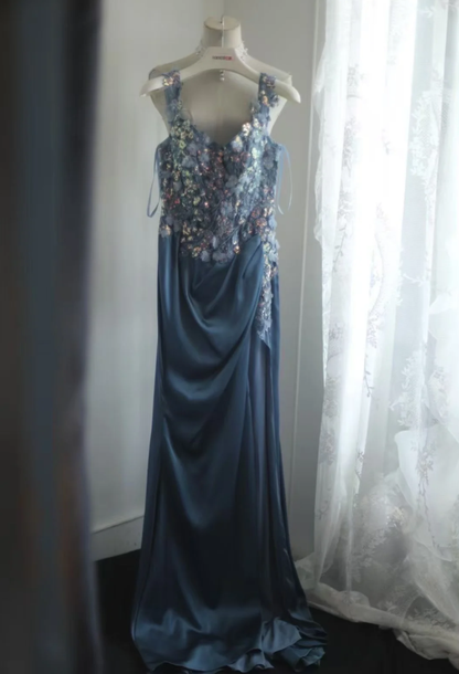 Gorgeous Off The Shoulder V Neck Satin Sequin Appliques Evening Dress Long Mermaid Slit Prom Dresses D2203