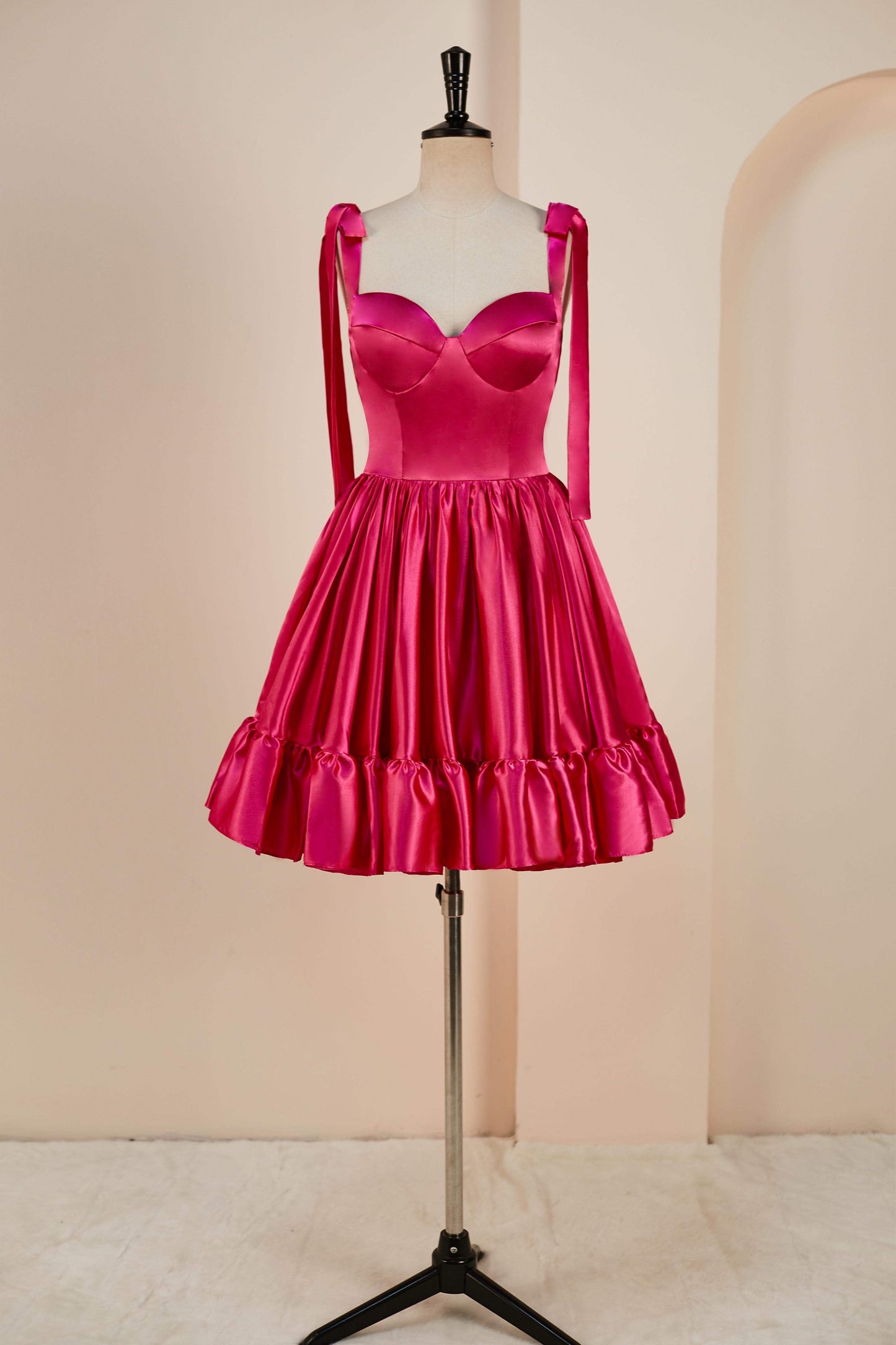 Rose Pink A-line Bow Tie Straps Ruffled Satin Homecoming Dress
