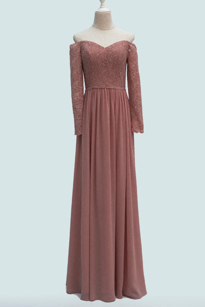 Desert Rose A-line Long Sleeves Off-Shoulder Lace Long Bridesmaid Dress
