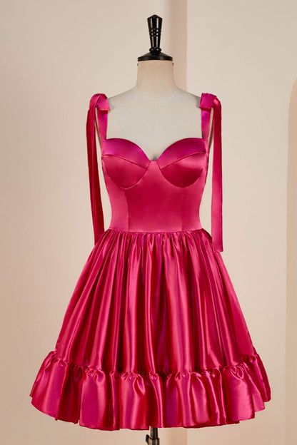 Rose Pink A-line Bow Tie Straps Ruffled Satin Homecoming Dress