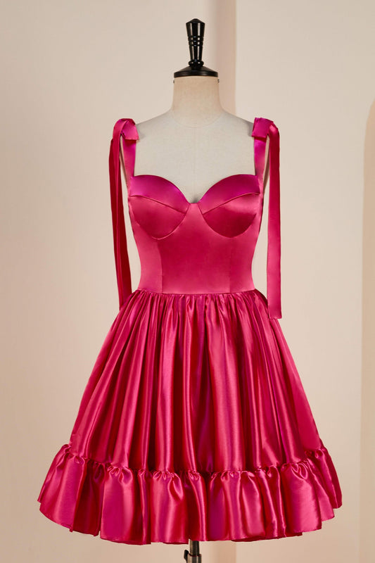 Rose Pink A-line Bow Tie Straps Ruffled Satin Homecoming Dress