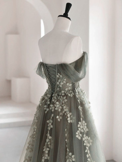 Dusty Green Off Shoulder A-Line Tulle Appliques Long Formal Party Dress MD7247