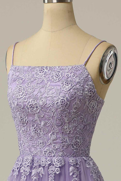 Square Sleeveless Lace Top A-Line Prom Party Dress With Slit