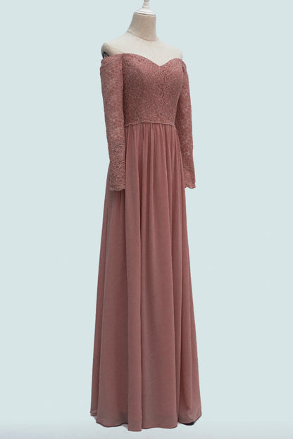 Desert Rose A-line Long Sleeves Off-Shoulder Lace Long Bridesmaid Dress