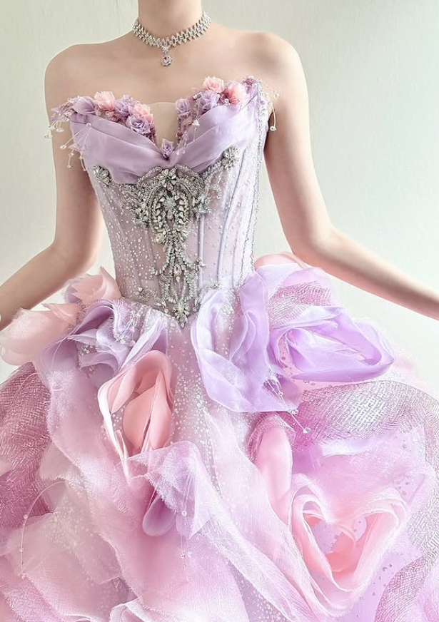 Dreamy Ball Gown Sweetheart Neck Exquisite Beaded Pink Purple Floral Tulle Long Prom Dress SH5036