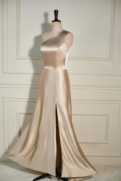 Champagne One Shoulder A-line Satin Long Bridesmaid Dress with Slit