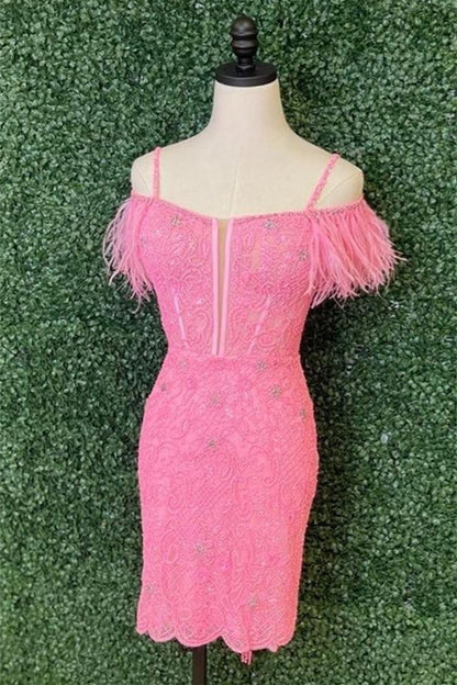 Red Off-the-Shoulder Sequined Embroidery Sheath Homecoming Dress with Feathers